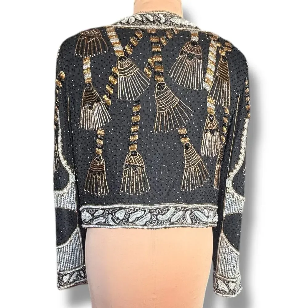Vintage Silk Beaded Jacket‎ Black Gold 80s Luxury XL Maximalist Power Dressing
